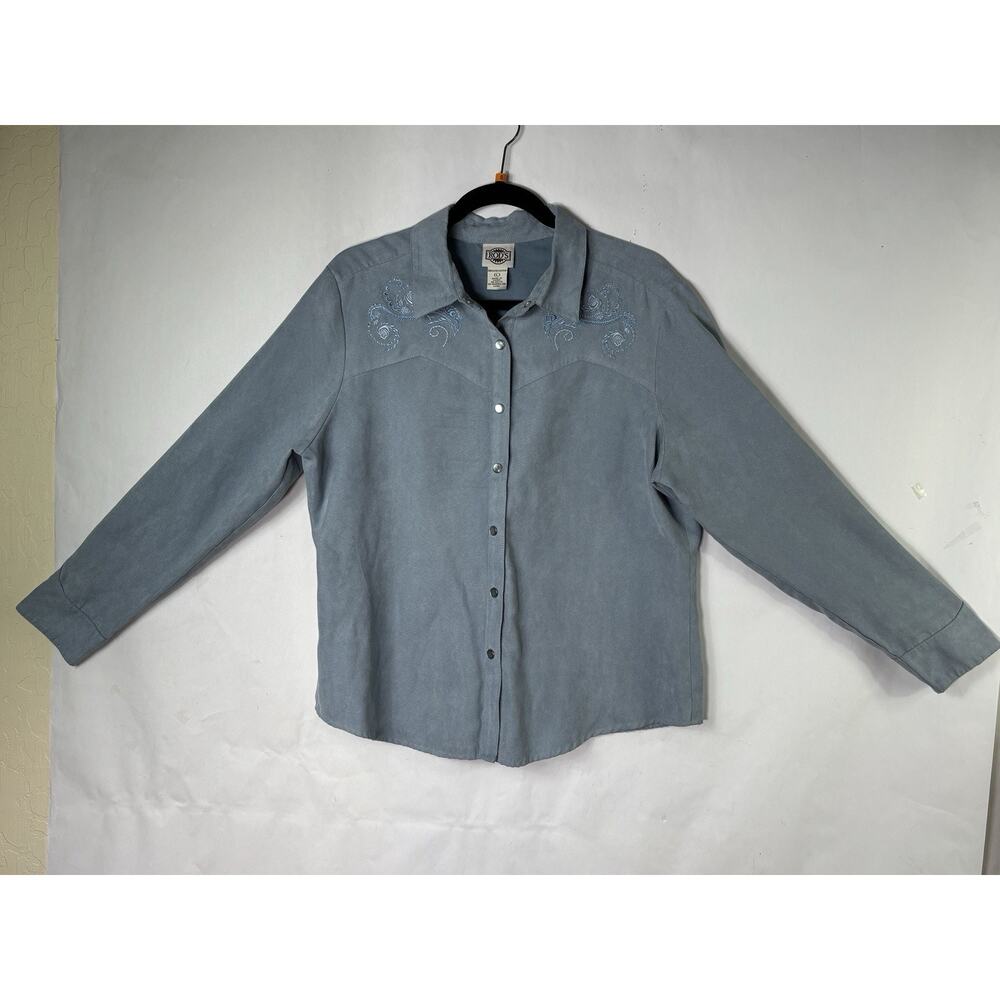 Rod's Womens Large Western Pearl Snap Shirt FLORAL Blue Microsuede Faux Suede LS